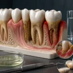 Hyper-realistic dental still life about bad breath that will not go away what causes it, with detailed tooth models and relevant care objects