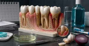 Hyper-realistic dental still life about bad breath that will not go away what causes it, with detailed tooth models and relevant care objects