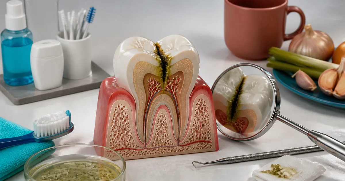 Clinical illustration titled Persistent Bad Breath, with a tooth, protective shield and checklist in teal, cyan and coral