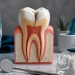 Hyper-realistic dental still life about cracked tooth why it will not heal on its own, with detailed tooth models and relevant care objects
