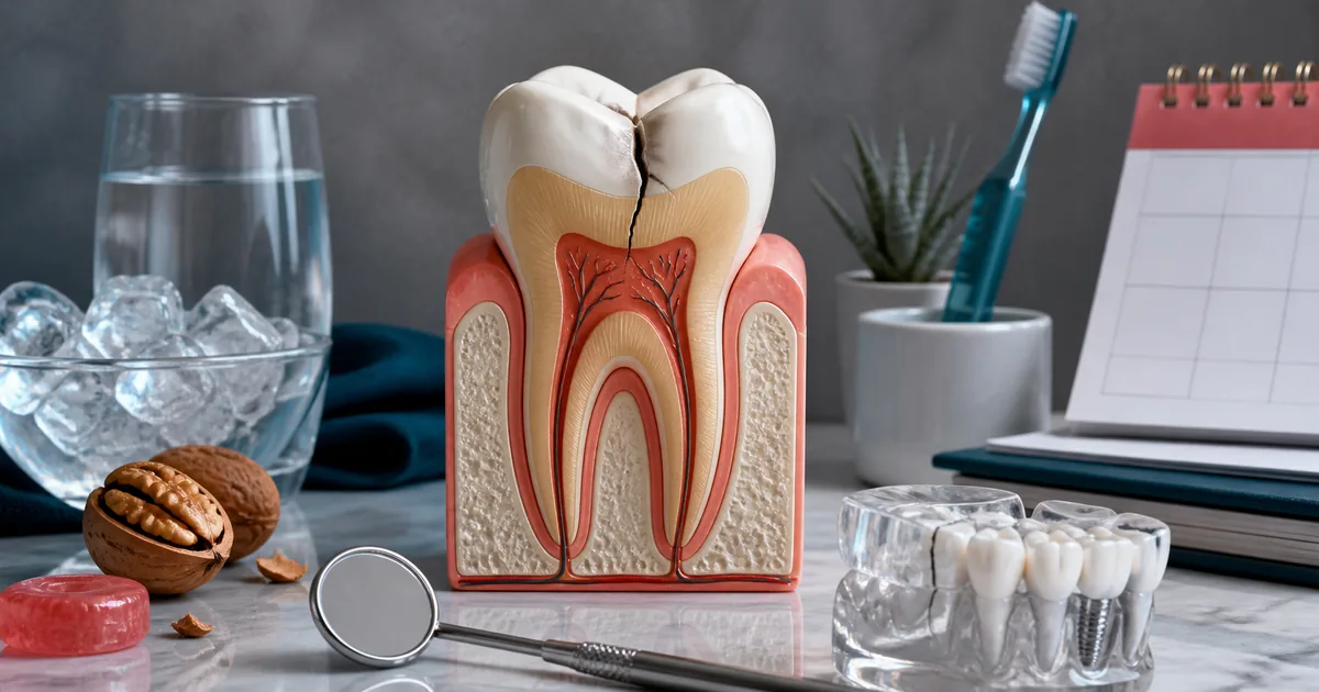 Clinical illustration titled Why a Cracked Tooth Needs Care, with a cracked tooth, tooth and protective shield in teal, cyan and coral