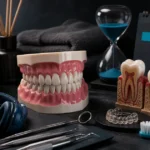 Hyper-realistic dental still life about dental anxiety what actually helps, with detailed tooth models and relevant care objects