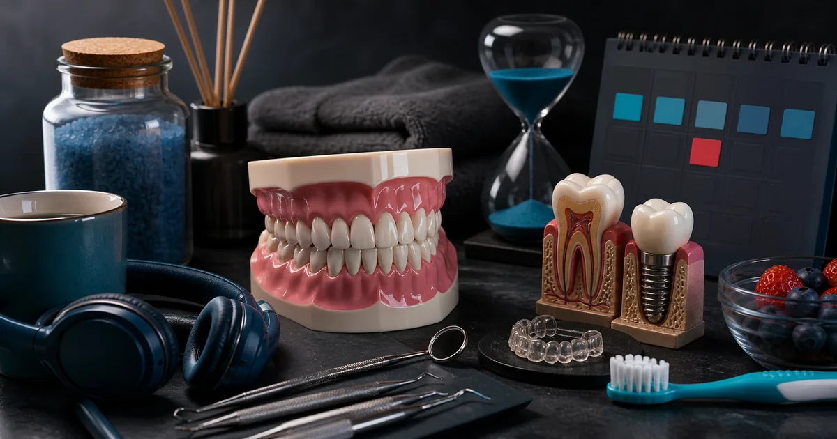 Clinical illustration titled Dental Anxiety, with a tooth, protective shield and checklist in teal, cyan and coral