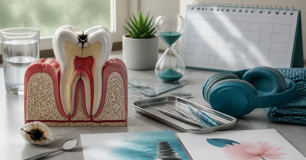 Clinical illustration titled Dental Anxiety, with a tooth, protective shield and checklist in teal, cyan and coral